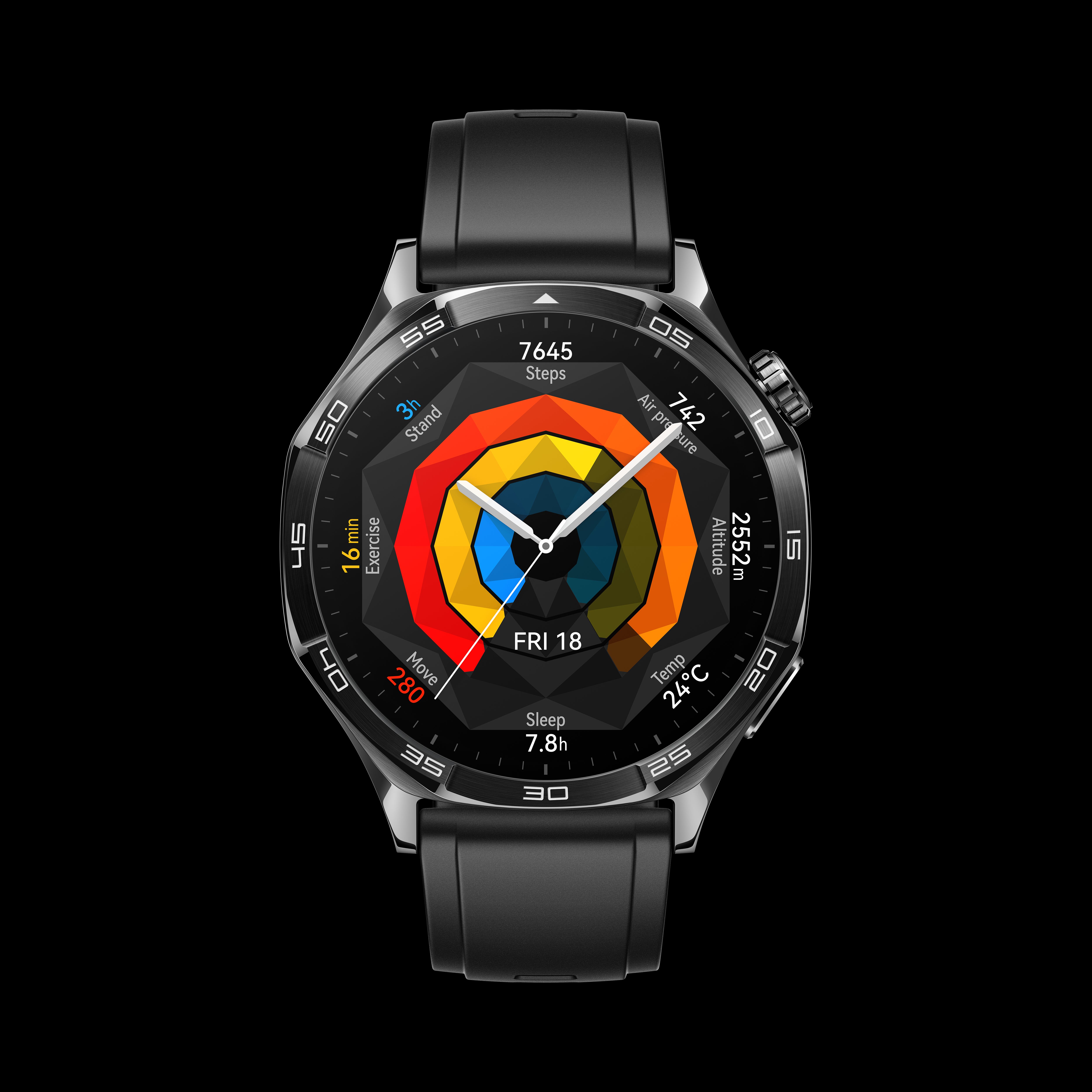 46mm/1.43inch AMOLED / Black Fluoroelastomer Strap.Front case:Black stainless steel. 524 mAh/ IP68