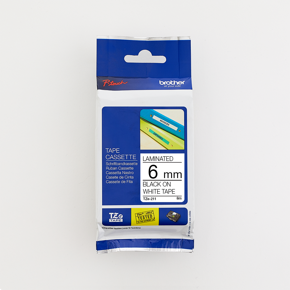 Brother 6MM Black on White Laminated tape