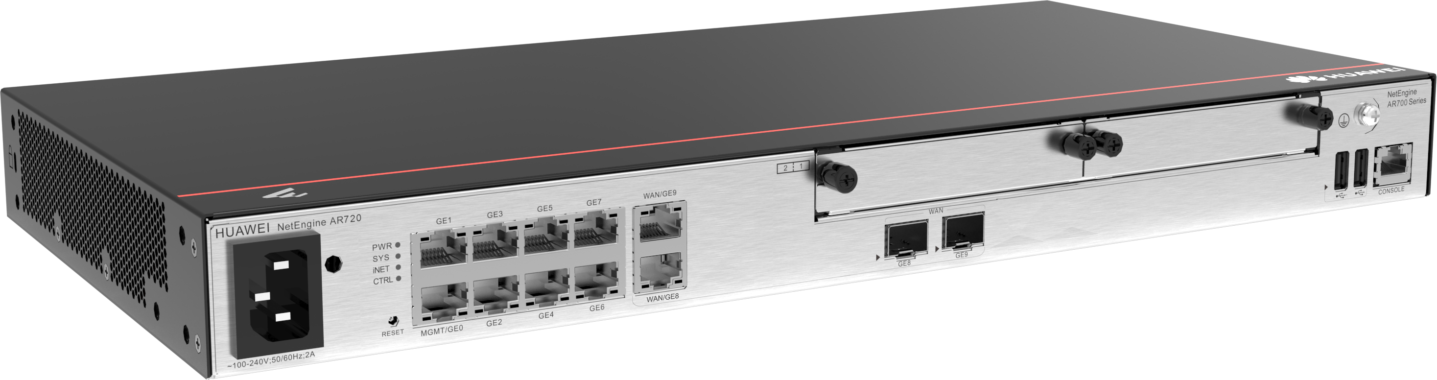 AR720 2*GE combo WAN 8*GE LAN 2*USB 2*SIC up to 1200 users forwarding performance 6Gbps