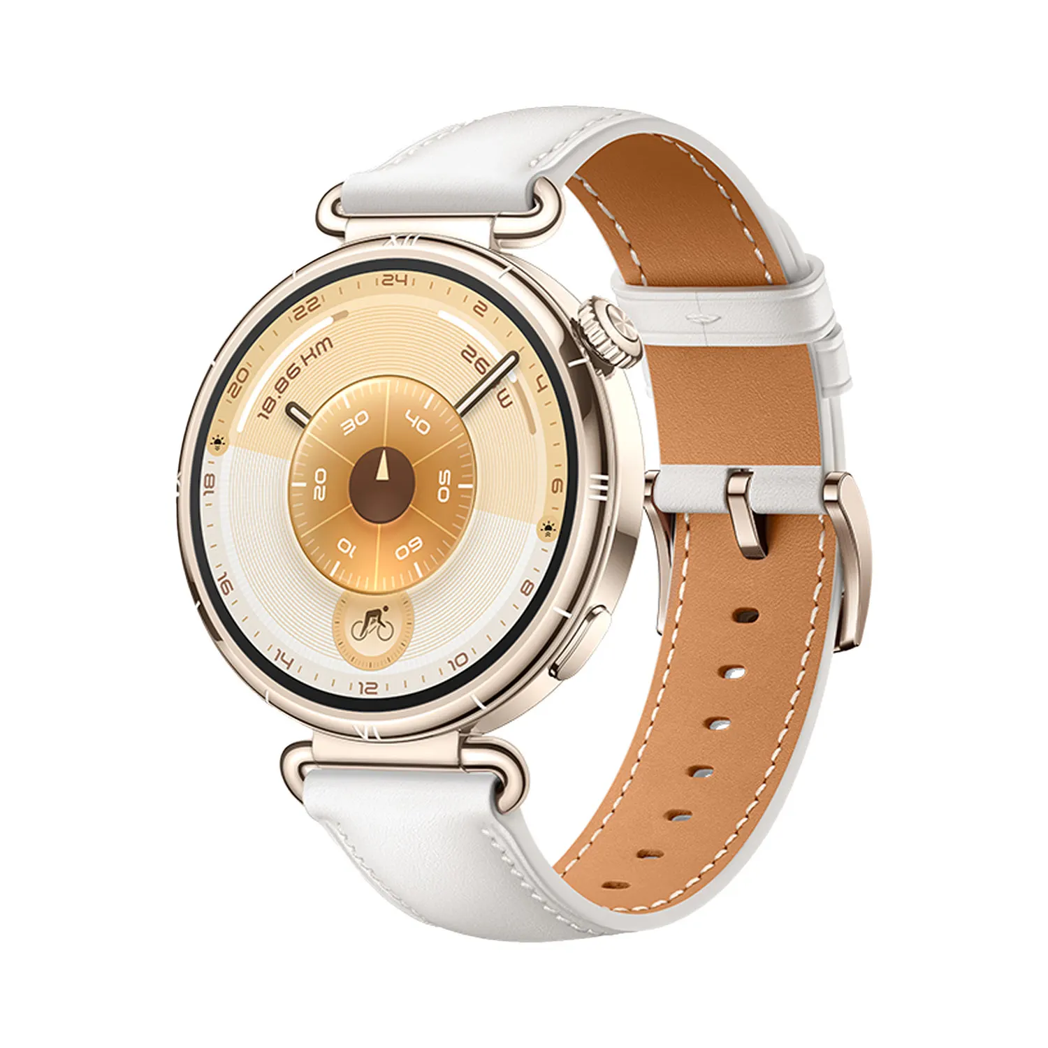 41mm / 1.32 inch AMOLED Colour Circular Screen / 466 x 466 Pixels PPI 352 / Front Case Stainless Steel Rear Case Black Plastic / White Leather Strap / Android & iOS / 540 mAh / 55020FUJ