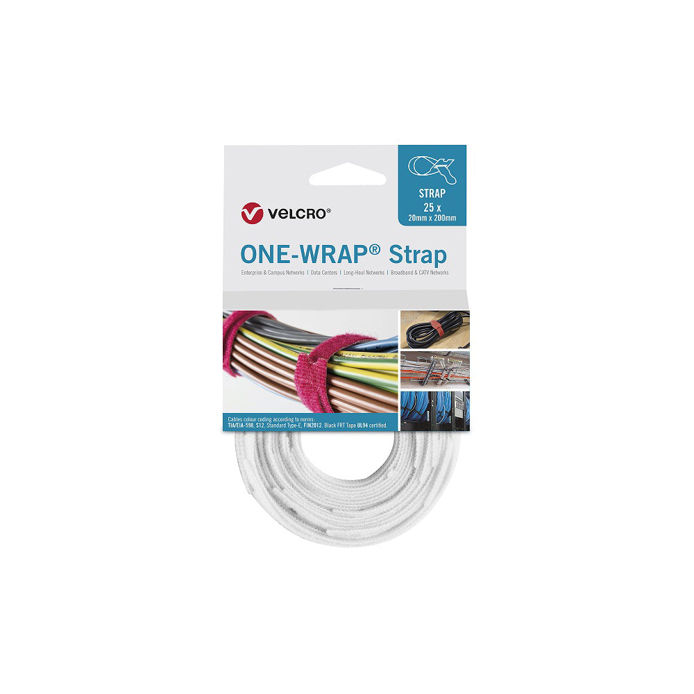 VELCRO ONE WRAP STRAP 20X200MM WHITE (PKT OF 25)