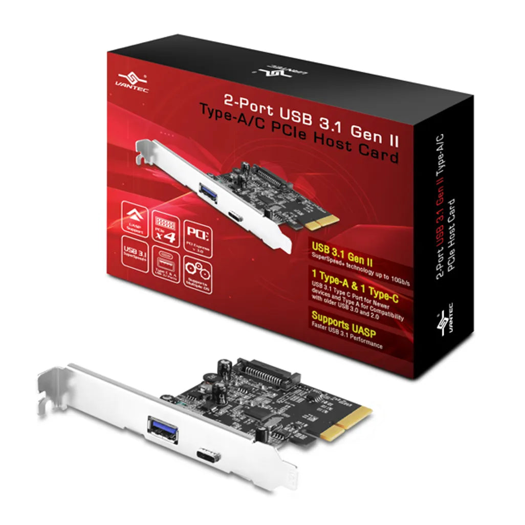 Vantec UGT-PC371AC, PCIe, USB 3.1, Low-profile, PCIe 2.0, Black, ASMedia ASM1142