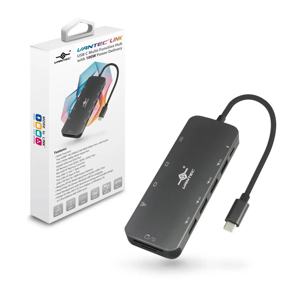 Vantec USB C Hub 2x USB3. 3 x USB2.0 2x 4K HDMI (60Hz); VGA ; Gigabit RJ45; SD & MicroSD reader with PD