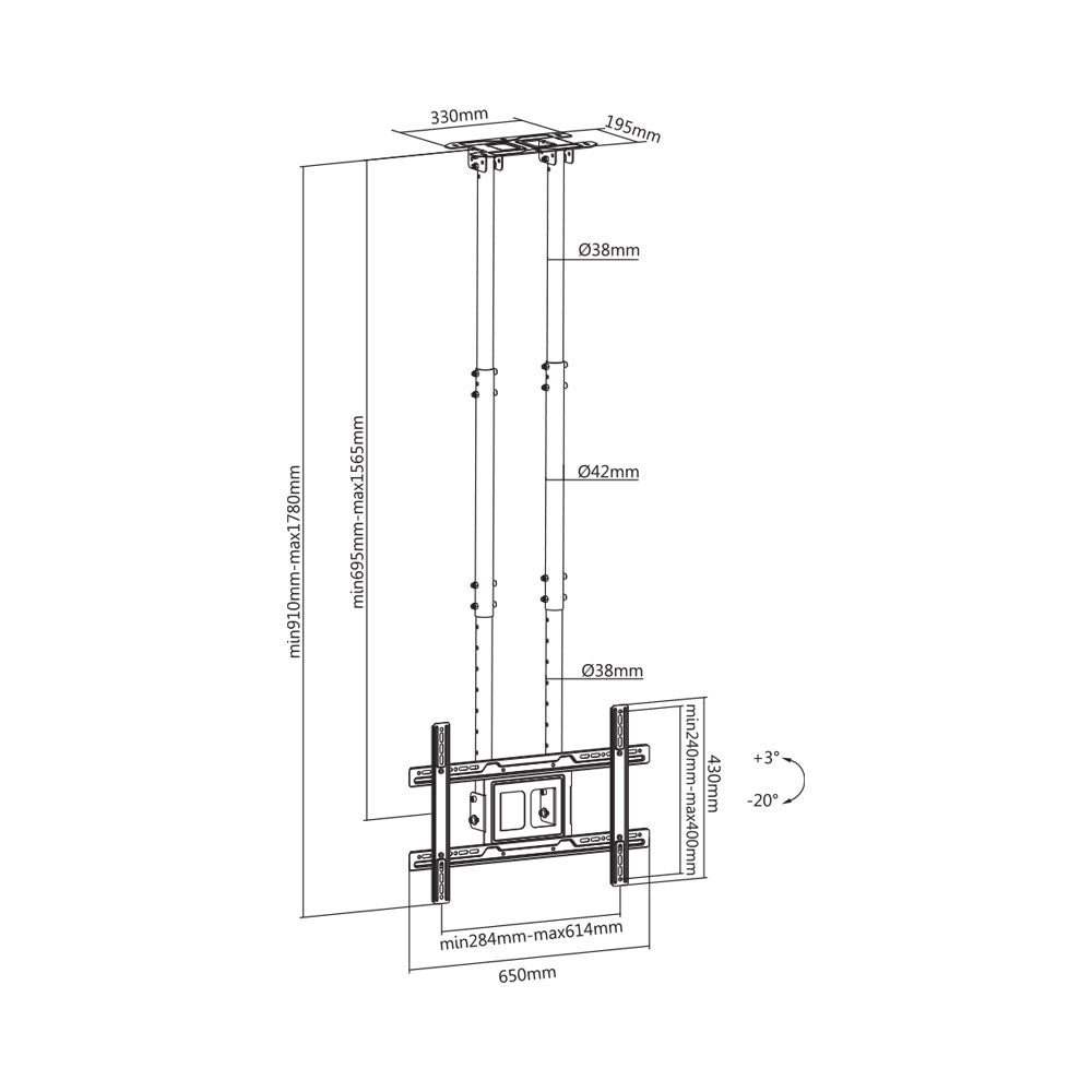 BRACKET - HEAVY-DUTY TV CEILING MOUNT - Wider Height Ajustment Range & Stronger Loading Ability!