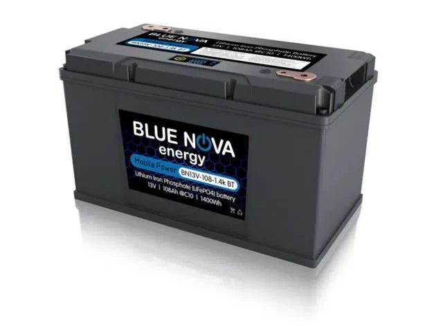 Bluenova Lithium Iron Phosphate(LiFePO4) Rechargeable Battery, Bluetooth,OPV Range:11.6V~14.4VDC, Over-current Prot:105A, Over Voltage Cut-Out:14.8V,Under-VLTG Cut-Out:10.0V,Charge Current:100A Continuous,BMS,Efficiency 96-99%,(330x175x195mm) IP54, 12.5kg
