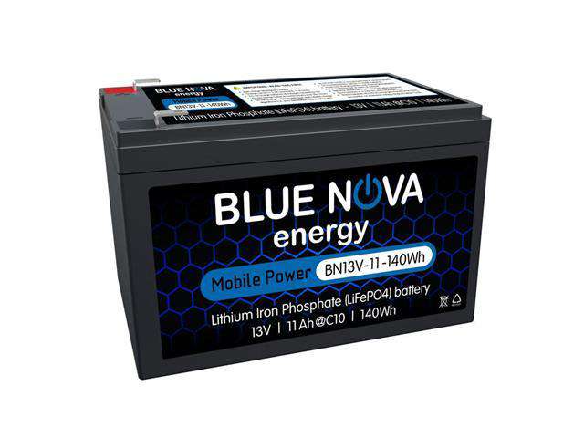 Bluenova Lithium Iron Phosphate (LiFePO4) Rechargeable Battery, OPV Range:11.6V~14.4VDC, Over-current Prot:25A, Over Voltage Cut-out:15.6V, Under-vltg Cut-out:10.0V, Charge Current:11A Continuous, BMS, Efficiency 96-99%@C1, (151x99x100mm), IP56, 1.5Kg