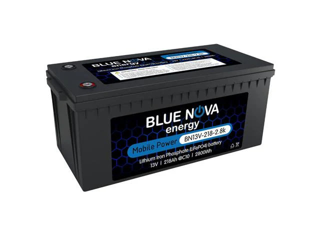 Bluenova Lithium Iron Phosphate (LiFePO4) Rechargeable Battery, OPV Range:11.6V~14.4VDC, Over-current Prot:300A, Over Voltage Cut-out:15.6V, Under-voltage Cut-out:10.0V, Charge Current:100A Continuous, BMS, Efficiency 96-99%@C1, (522x240x245mm), IP56, 27K
