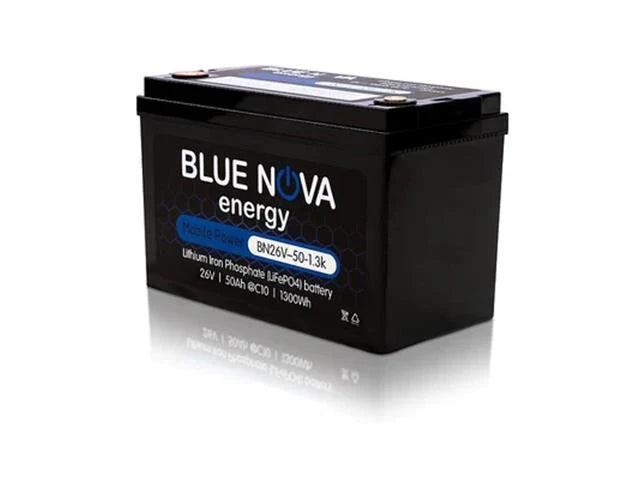 Bluenova Lithium Iron Phosphate (LiFePO4) Rechargeable Battery, OPV RANGE:23.2V~28.8VDC, Over-current Prot:100A, Over Voltage Cut-OUT:31.2V, Under-VLTG CUT-OUT:20.0V, Charge Current:37A Continuous, BMS, Efficiency 96-99%@C1, (327x172x218mm), IP56,13.5Kg