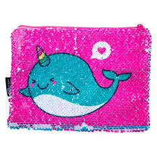 Quest Sequin Narwhale Pencil Case. Pink