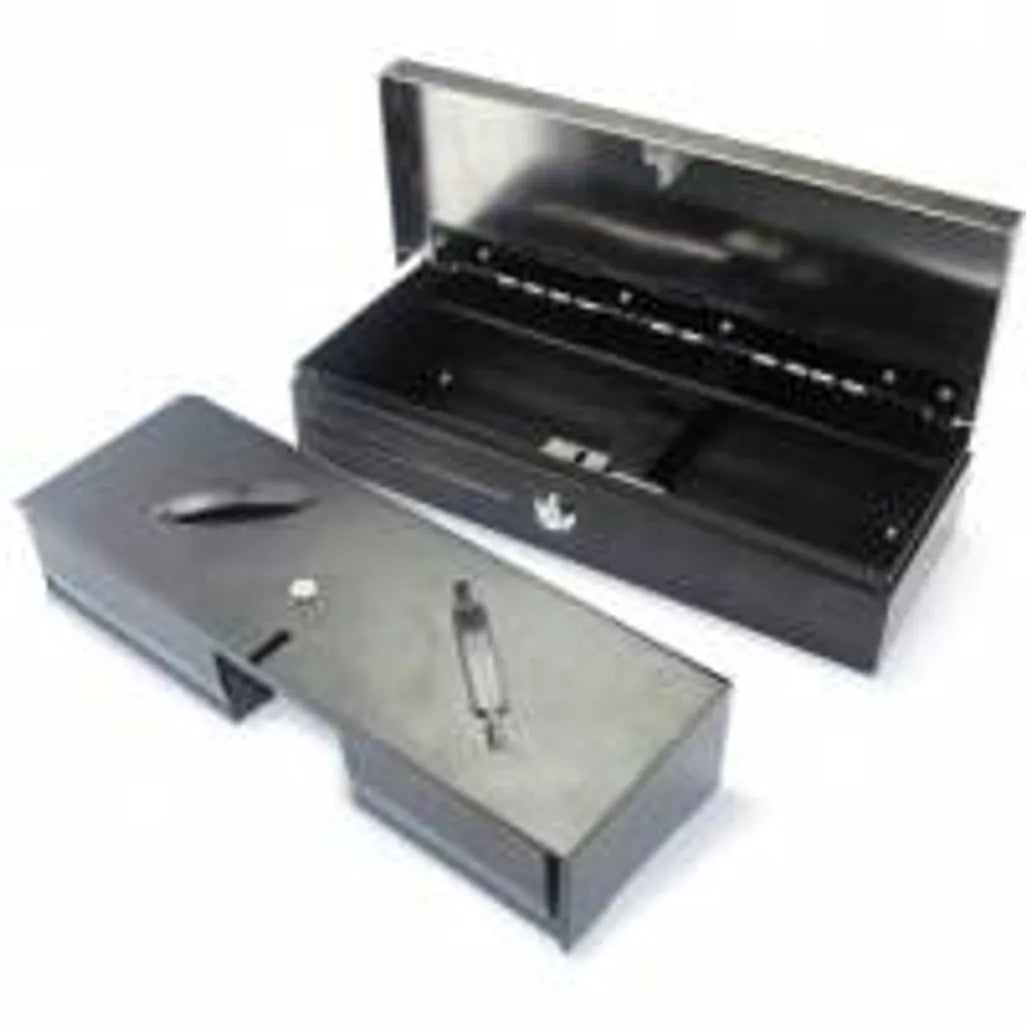 Maken Flip Top cash drawer; 24V; Black; w/Stainless Steel Top; Epson RJ11 Printer Kick; Removable/Adjustable cash tray; 6-bill/8
