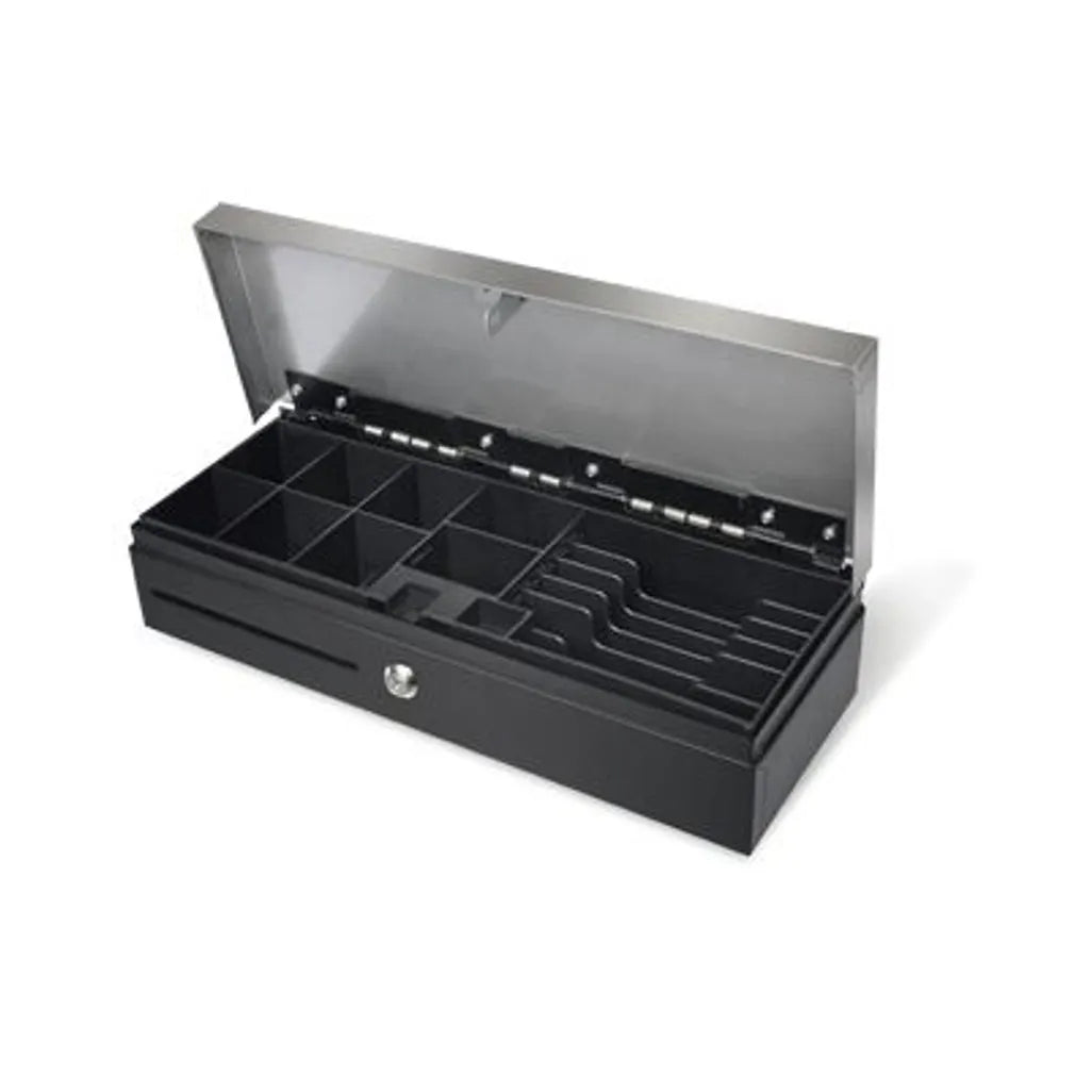 Maken Flip Top cash drawer; 24V; Black; w/Stainless Steel Top; Epson RJ11 Printer Kick; Removable/Adjustable cash tray; 6-bill/8