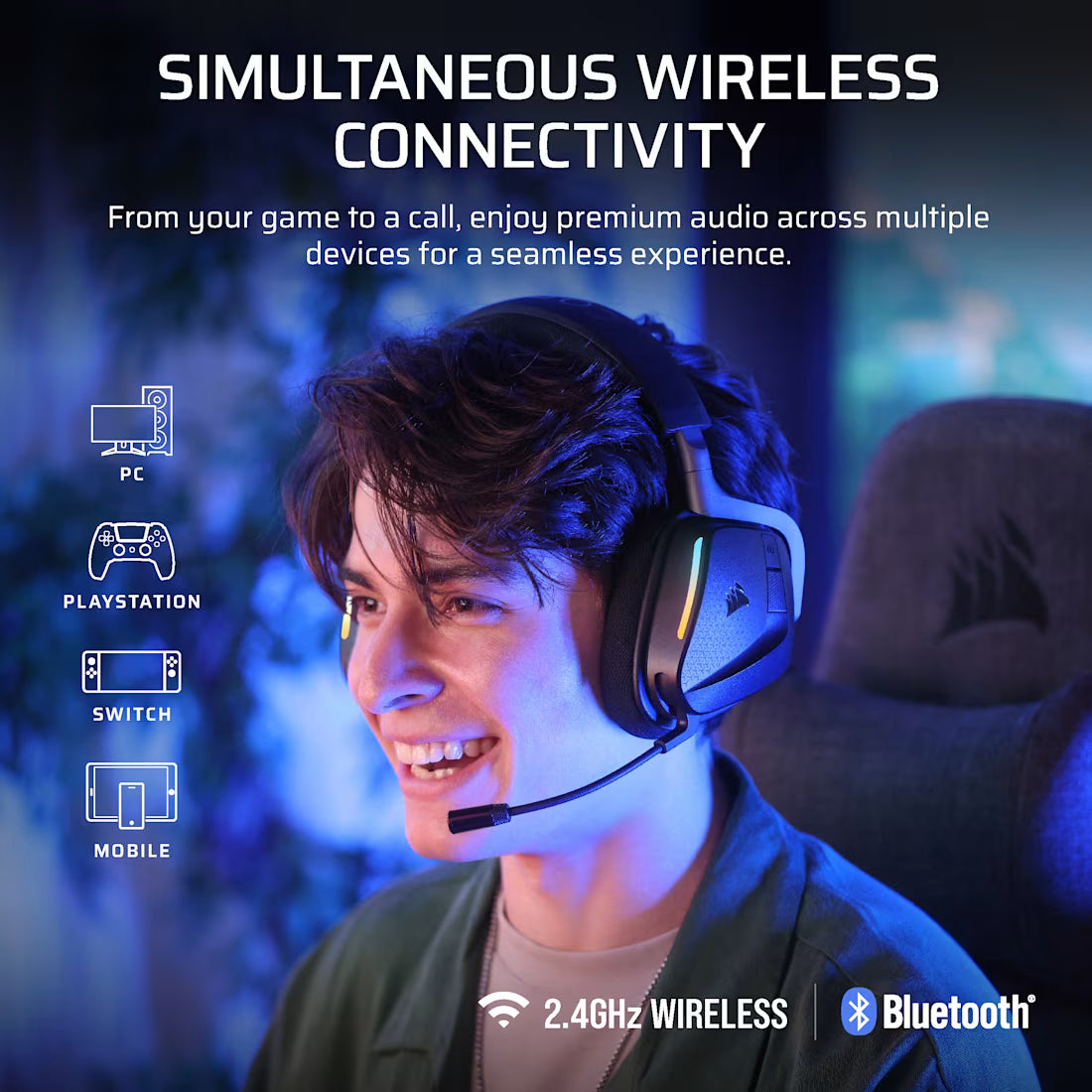 Corsair VOID v2 MAX WIRELESS Gaming Headset; Simultaneous 2.4GHz and Bluetooth; Dobly Atmos; PC/Playstation/Mobile; Carbon. - image 2