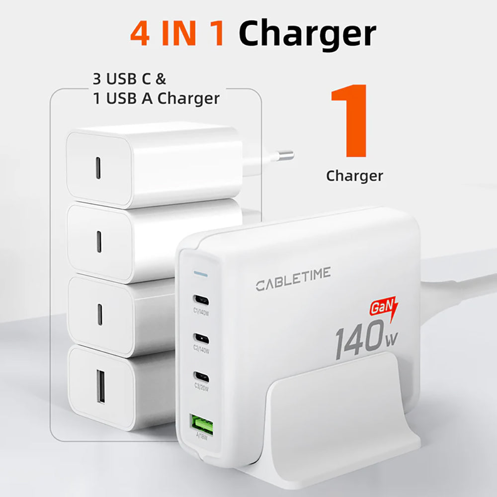 CABLETIME G14WE 140W GAN 4-PORT USB TYPE-C/A DESKTOP CHARGING STATION (CT-GAN140-PWE) - image 3