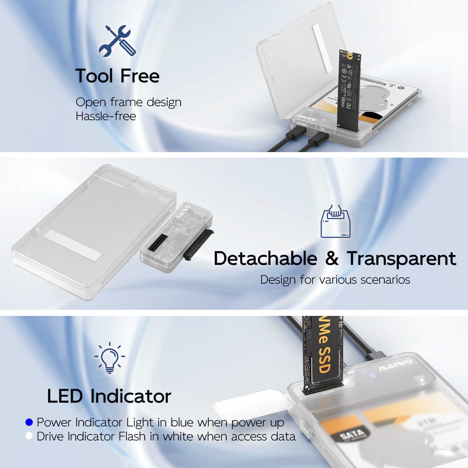 MAIWO K2578P2 USB3.2 GEN2 TOOL-FREE ENCLOSURE FOR 2.5" SATA HDD/SSD AND M.2 NVME SSD - image 3