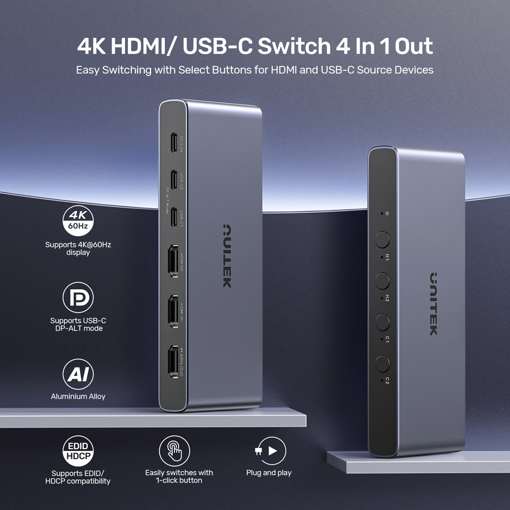 UNITEK V1313A 4-IN 1-OUT 4K @60HZ HDMI/USB TYPE-C SWITCH - 2× HDMI, 2× USB TYPE-C TO HDMI - image 6