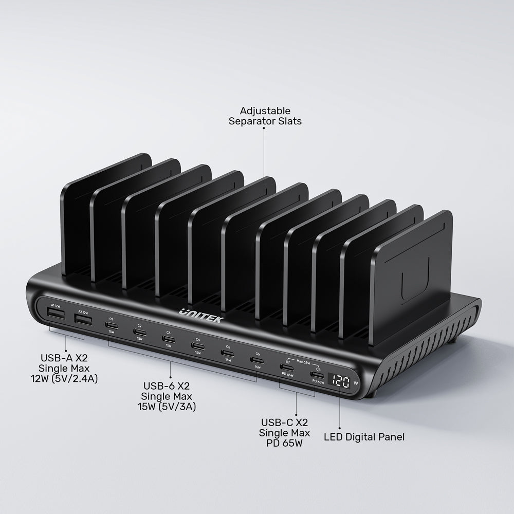 UNITEK P1230E UCHARGE 120W 10-PORT USB TYPE-C/A SMART CHARGING STATION - 8× USB TYPE-C, 2× USB TYPE-A - image 11