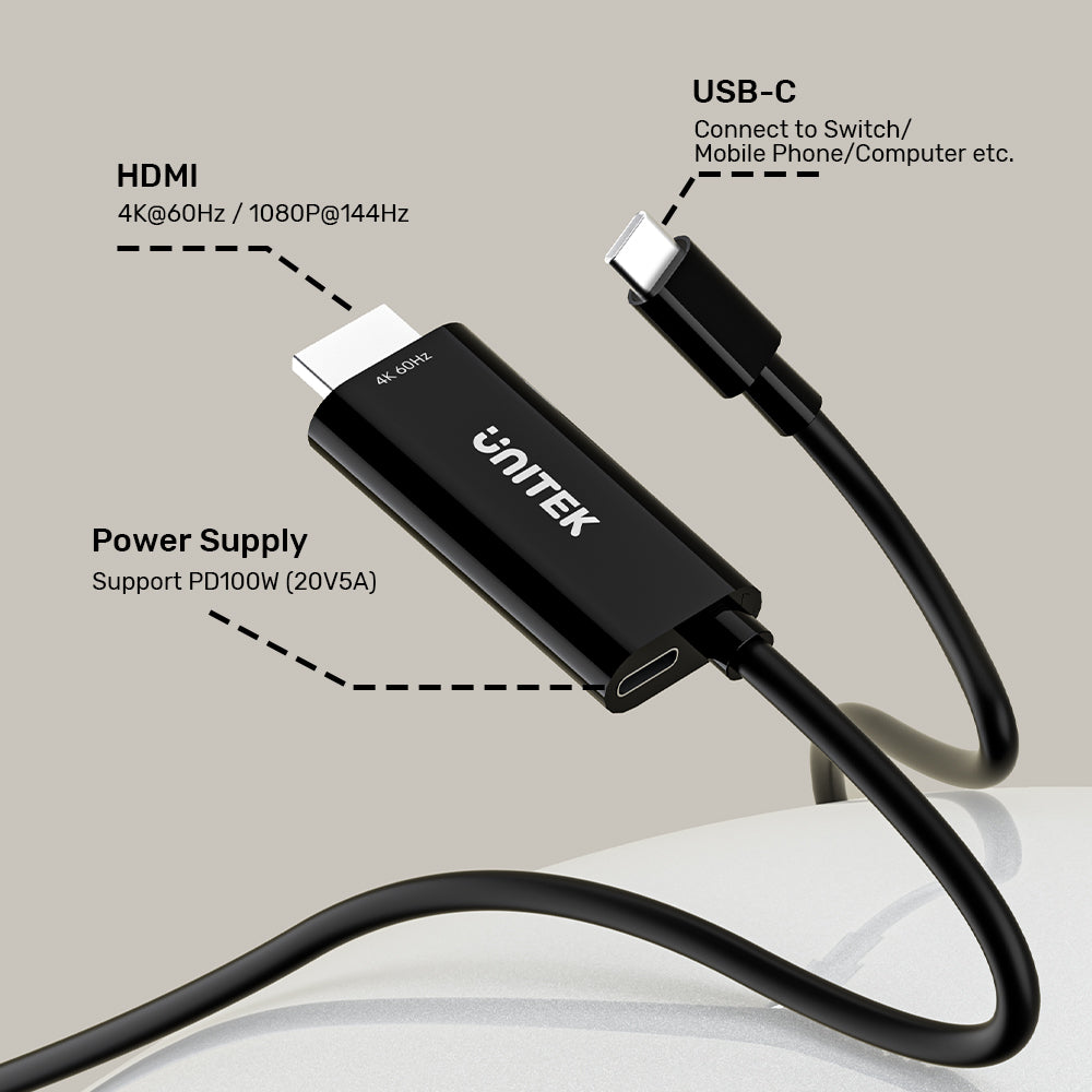 UNITEK V1439ABK 2M USB TYPE-C TO HDMI 4K @60HZ CABLE - PD 100W, UNIDIRECTIONAL - image 11