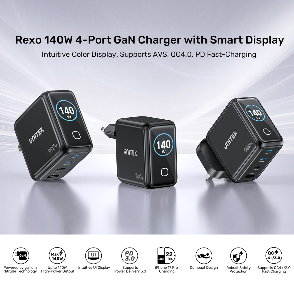 UNITEK P1132A REXO 140W 4-PORT GAN CHARGER WITH SMART COLOUR DISPLAY - 3× USB TYPE-C AND 1× USB TYPE-A - image 6