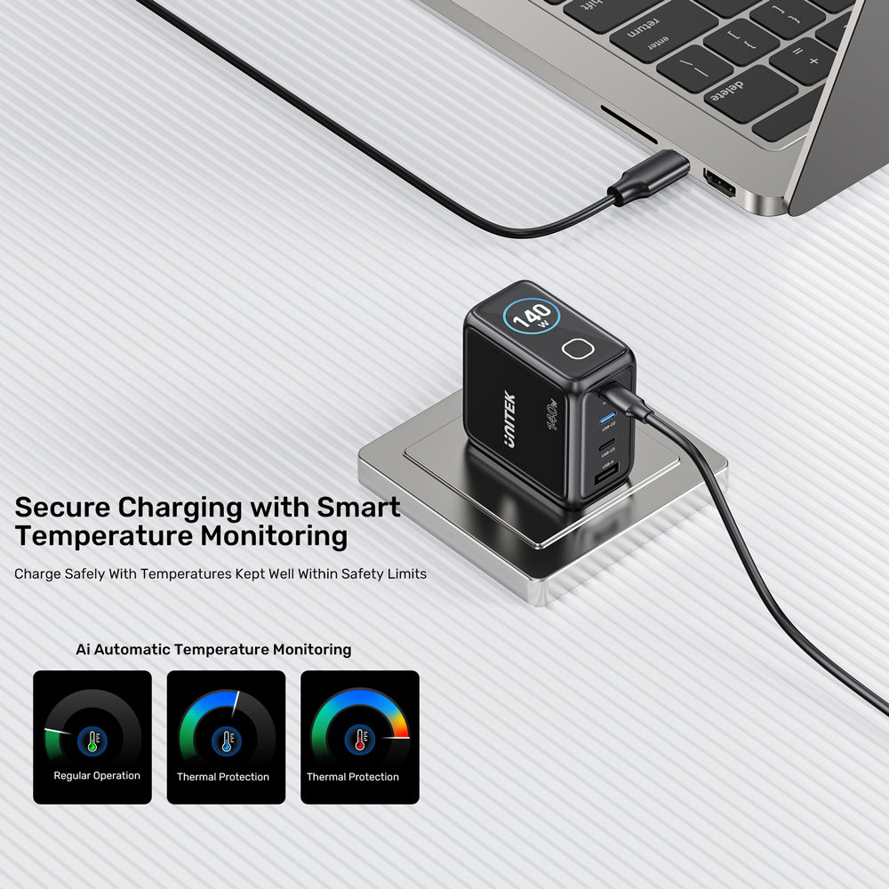 UNITEK P1132A REXO 140W 4-PORT GAN CHARGER WITH SMART COLOUR DISPLAY - 3× USB TYPE-C AND 1× USB TYPE-A - image 10