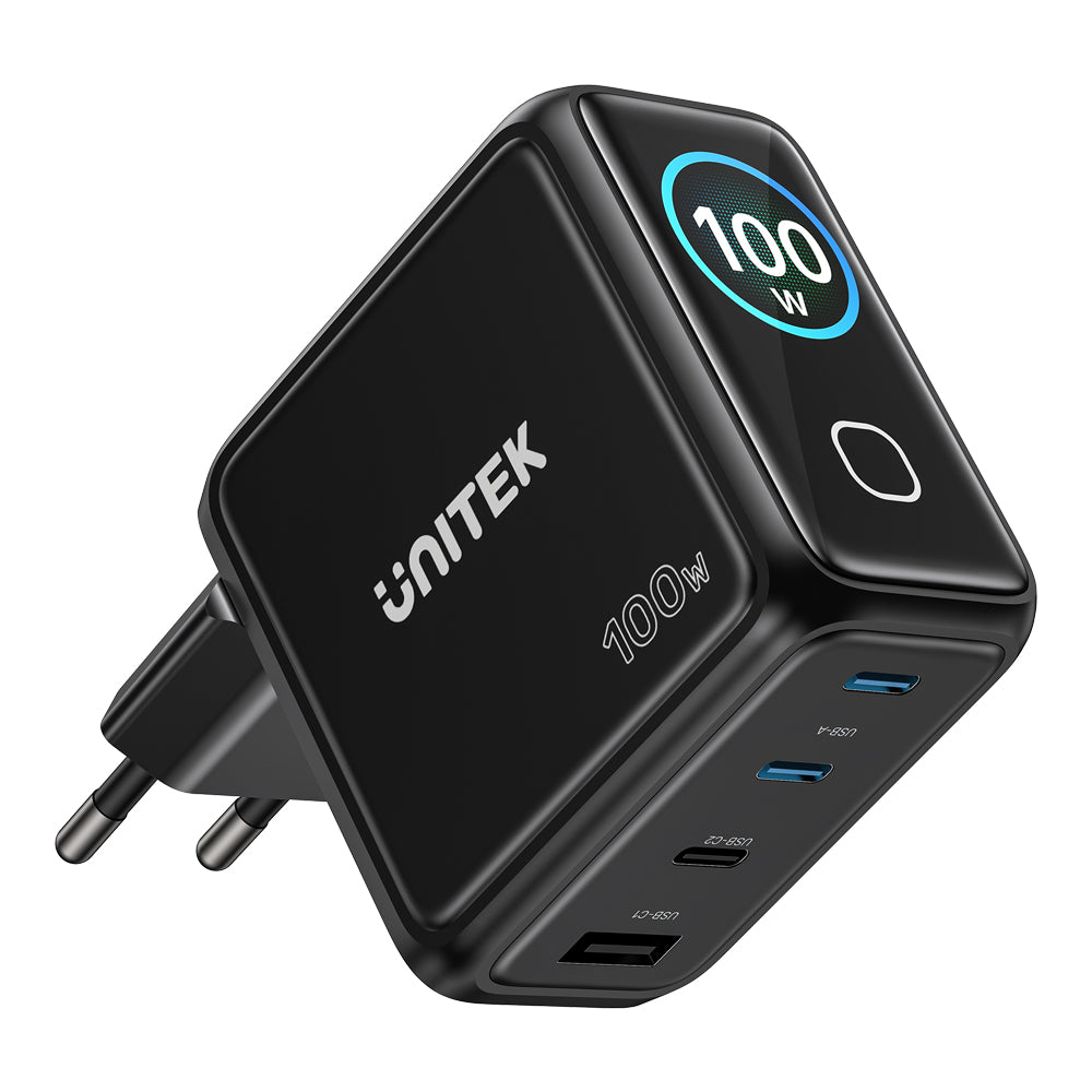 UNITEK P1131A REXO 100W 4-PORT GAN CHARGER WITH COLOUR SMART DISPLAY - 3× USB TYPE-C AND 1× USB TYPE-A