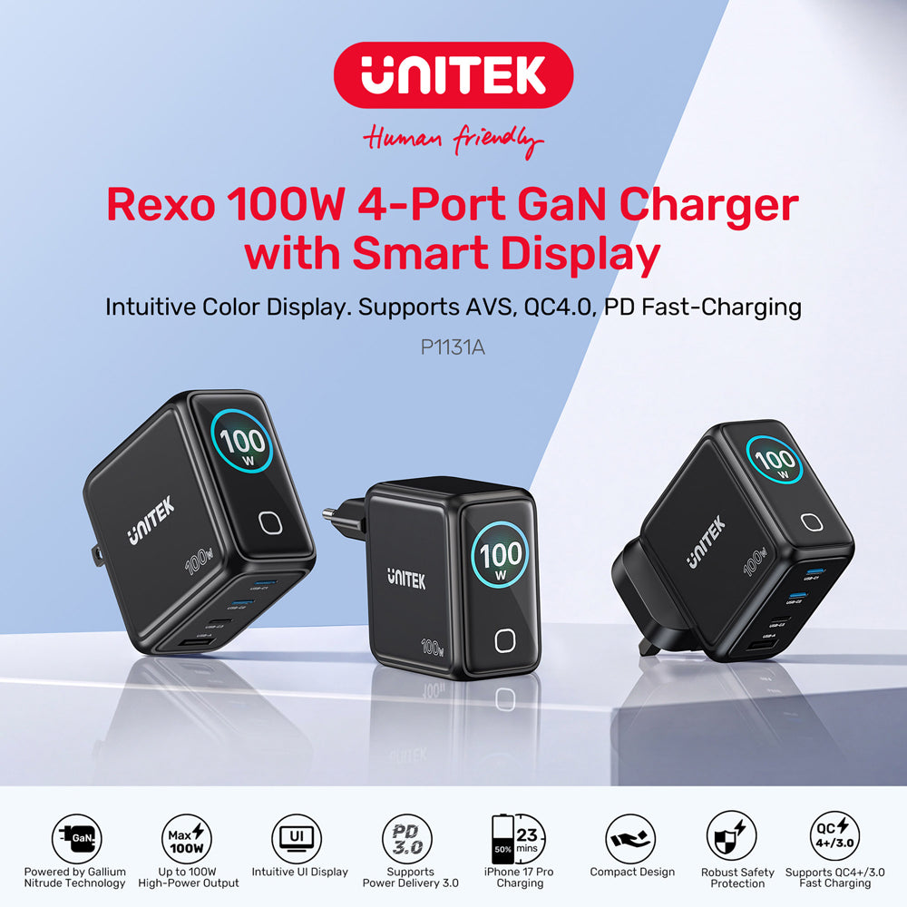UNITEK P1131A REXO 100W 4-PORT GAN CHARGER WITH COLOUR SMART DISPLAY - 3× USB TYPE-C AND 1× USB TYPE-A - image 5