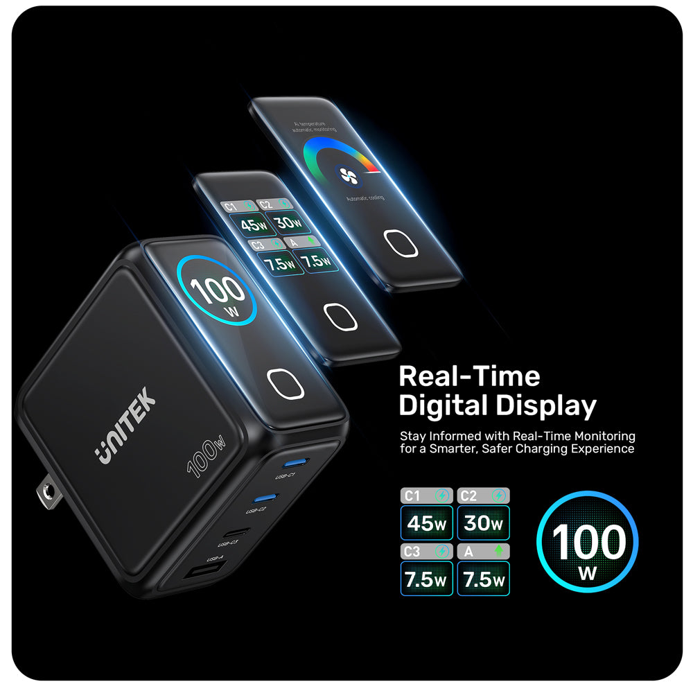 UNITEK P1131A REXO 100W 4-PORT GAN CHARGER WITH COLOUR SMART DISPLAY - 3× USB TYPE-C AND 1× USB TYPE-A - image 7