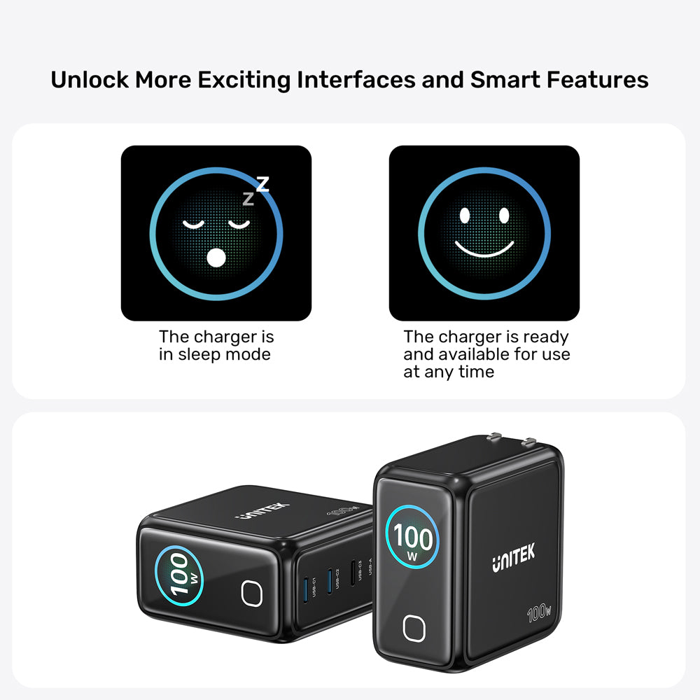 UNITEK P1131A REXO 100W 4-PORT GAN CHARGER WITH COLOUR SMART DISPLAY - 3× USB TYPE-C AND 1× USB TYPE-A - image 8