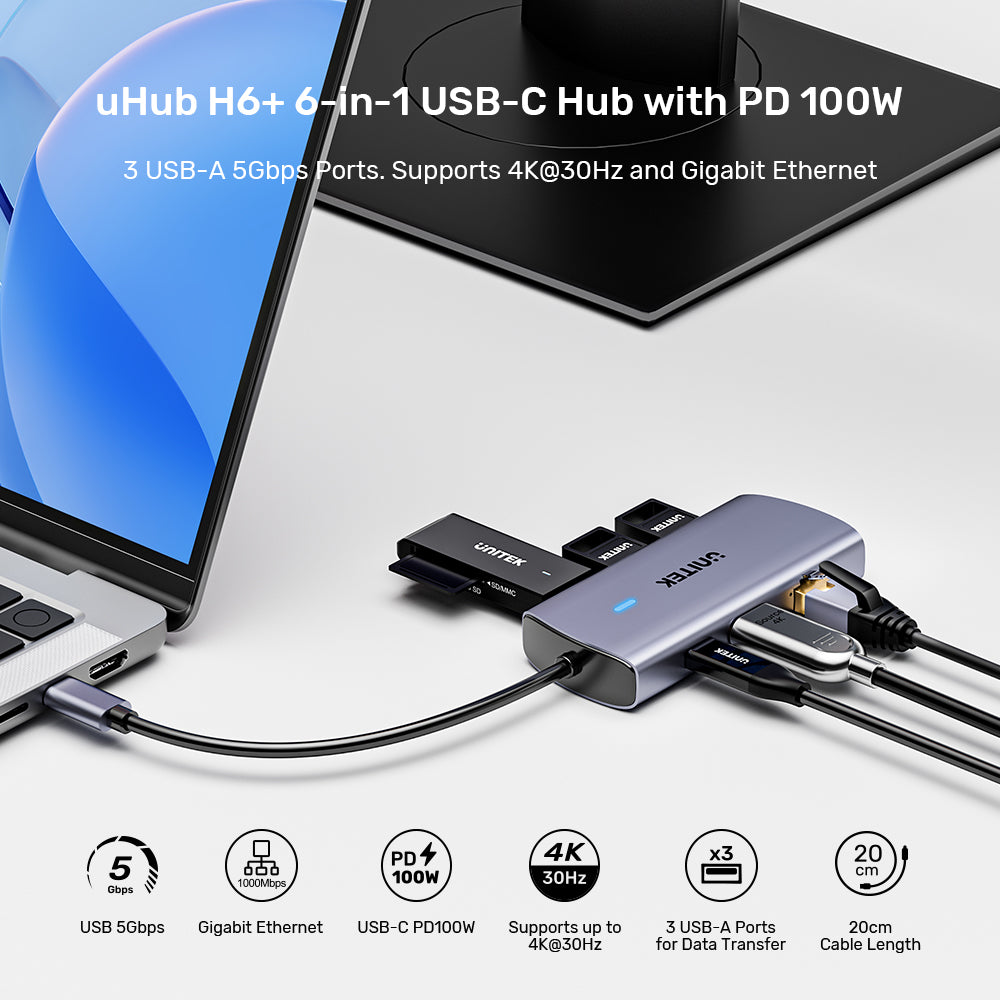 UNITEK D1113C 20CM 6-IN-1 USB TYPE-C PORT REPLICATOR WITH 4K @30HZ, PD 100W AND GIGABIT LAN - image 8