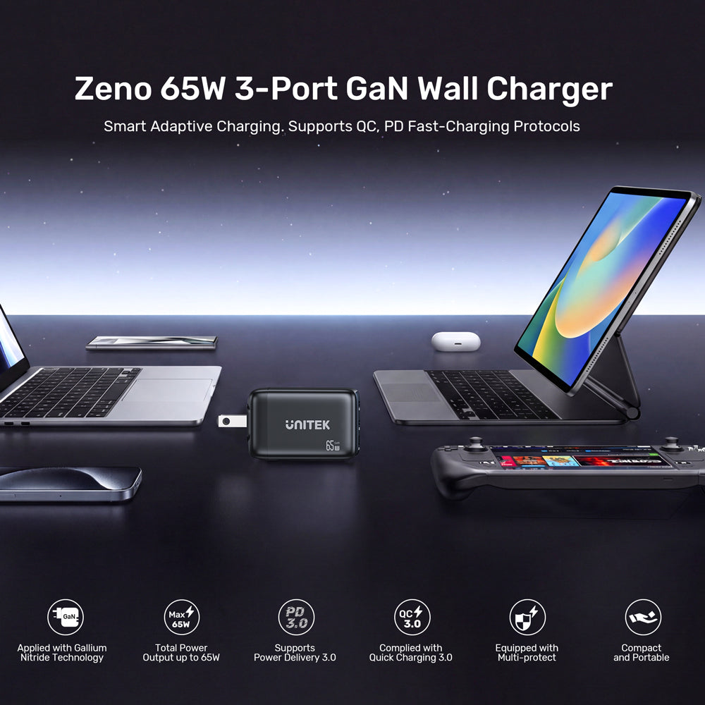 UNITEK P1130A ZENO 65W 3-PORT GAN WALL CHARGER - 2× USB TYPE-C, 1× USB TYPE-A - image 3