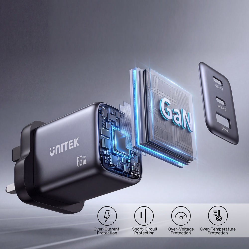 UNITEK P1130A ZENO 65W 3-PORT GAN WALL CHARGER - 2× USB TYPE-C, 1× USB TYPE-A - image 6