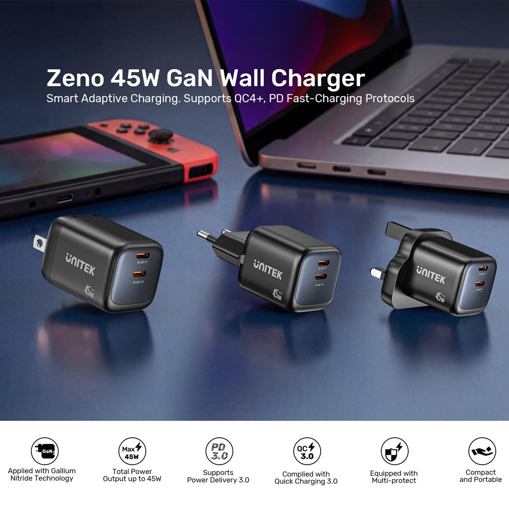UNITEK P1129A ZENO 45W 2-PORT GAN WALL CHARGER - DUAL USB TYPE-C - image 5