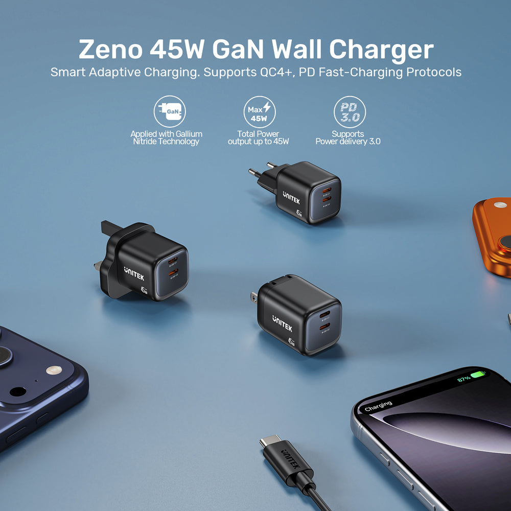 UNITEK P1129A ZENO 45W 2-PORT GAN WALL CHARGER - DUAL USB TYPE-C - image 6