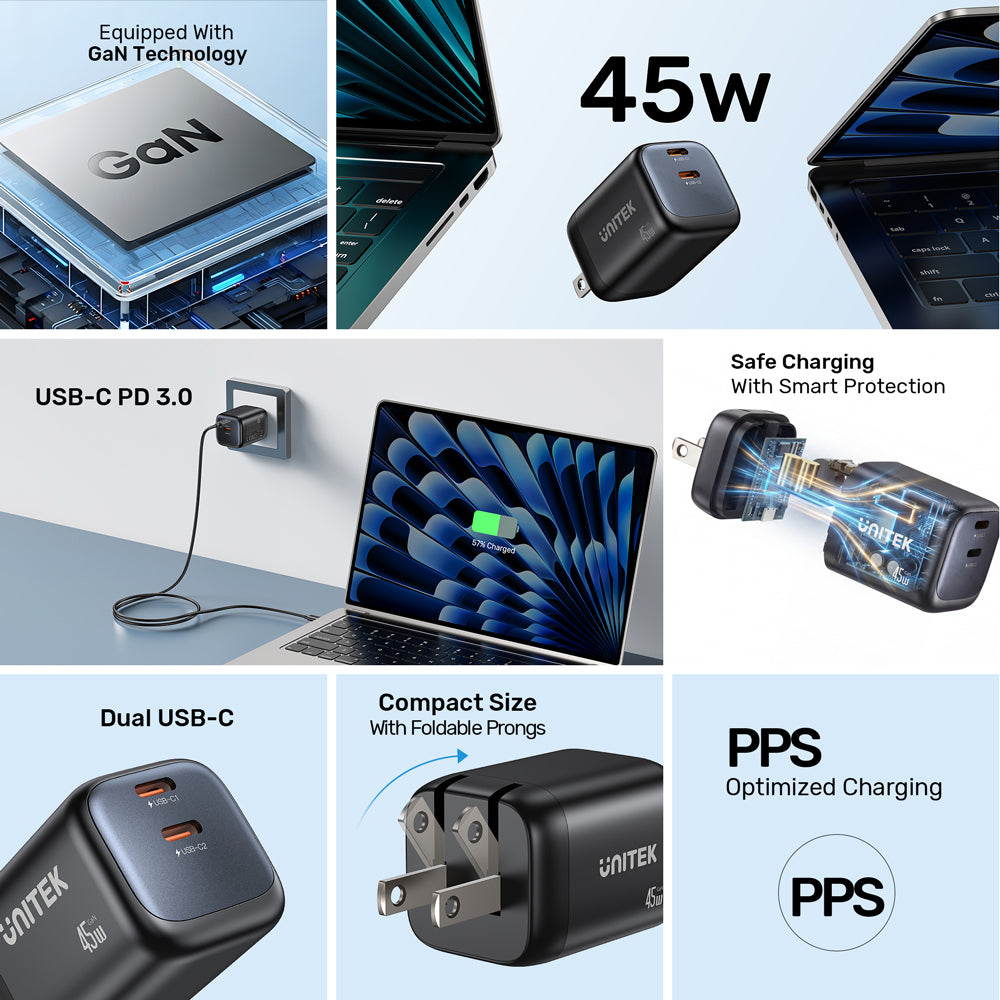 UNITEK P1129A ZENO 45W 2-PORT GAN WALL CHARGER - DUAL USB TYPE-C - image 7