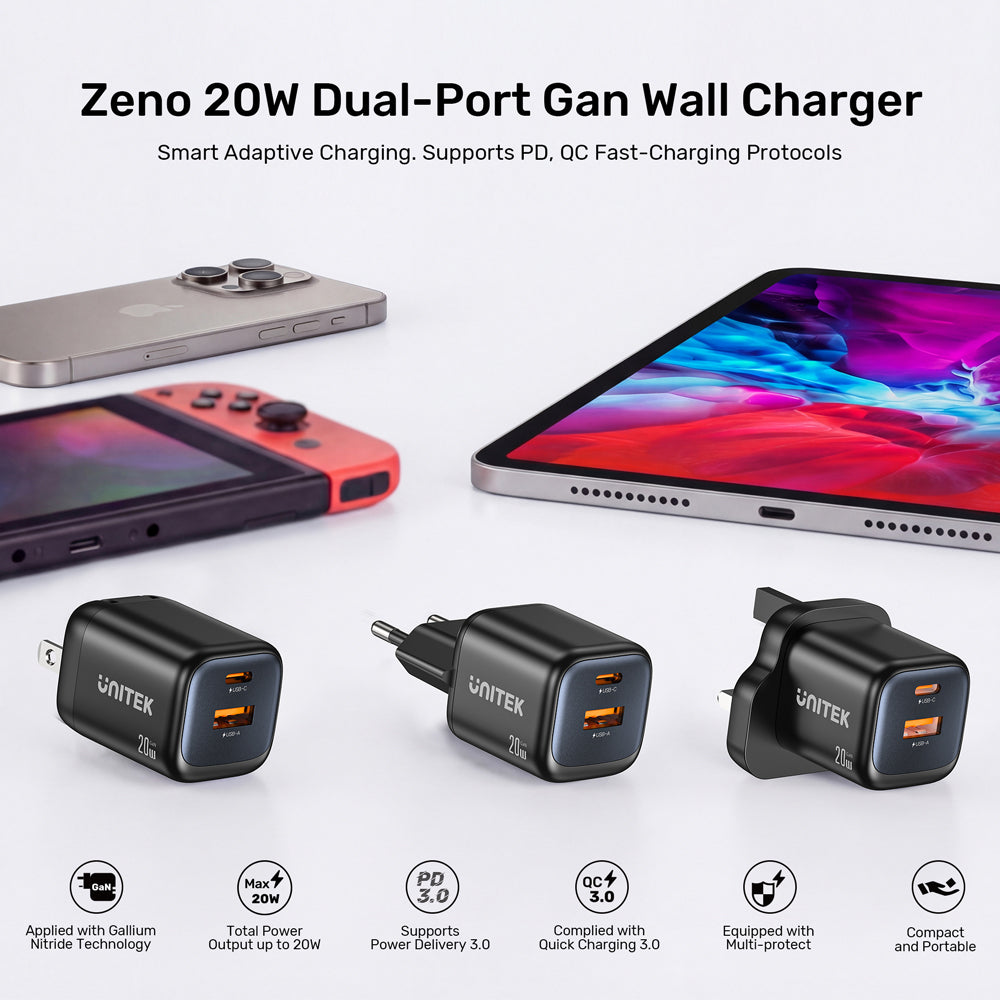 UNITEK P1128A ZENO 20W 2-PORT GAN WALL CHARGER - 1× USB TYPE-C, 1× USB TYPE-A - image 5
