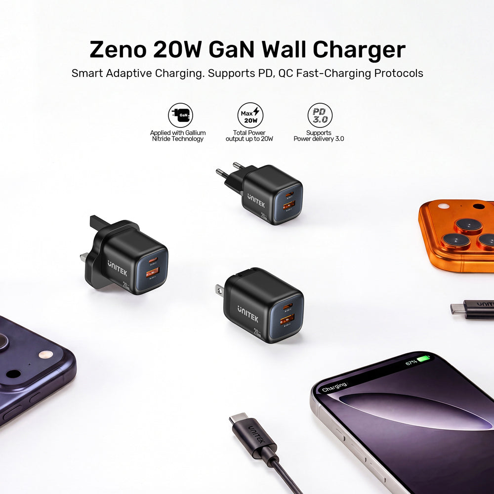 UNITEK P1128A ZENO 20W 2-PORT GAN WALL CHARGER - 1× USB TYPE-C, 1× USB TYPE-A - image 6