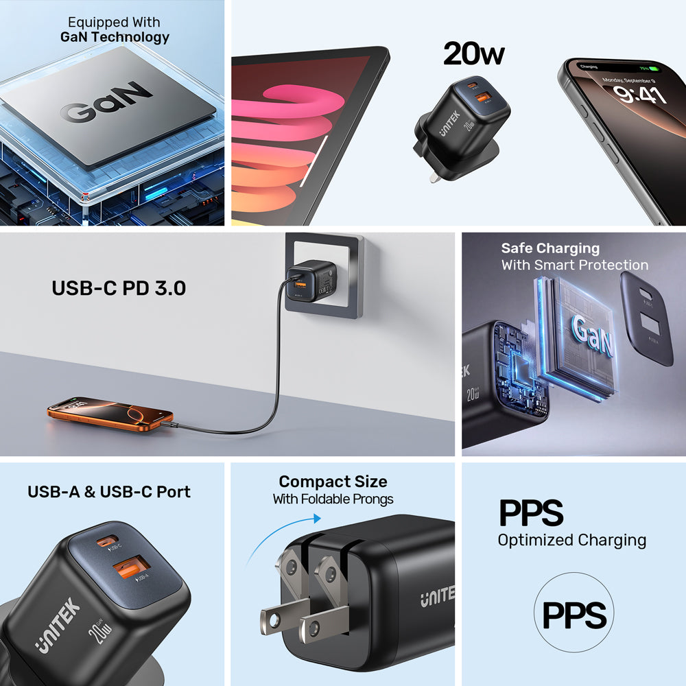 UNITEK P1128A ZENO 20W 2-PORT GAN WALL CHARGER - 1× USB TYPE-C, 1× USB TYPE-A - image 7