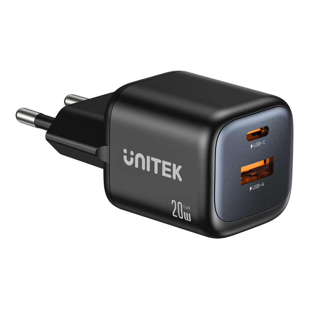 UNITEK P1128A ZENO 20W 2-PORT GAN WALL CHARGER - 1× USB TYPE-C, 1× USB TYPE-A