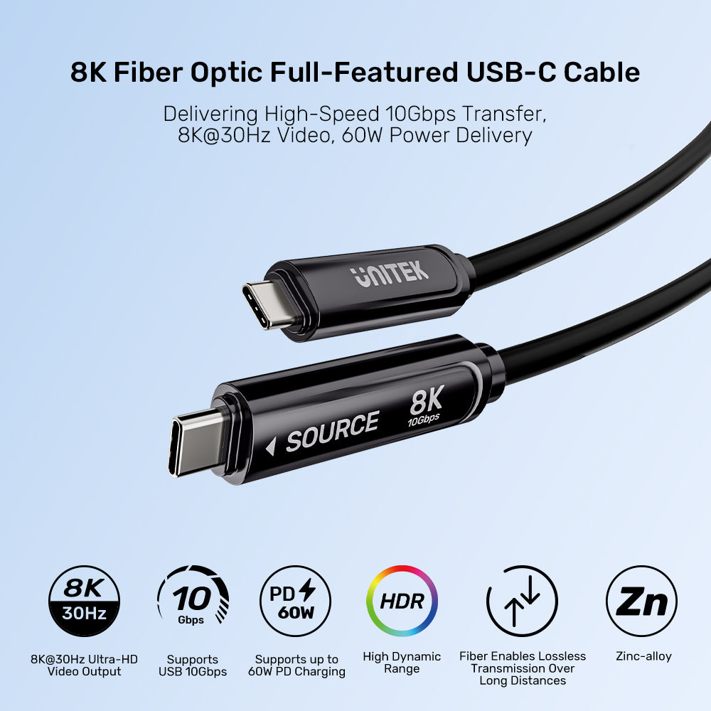 UNITEK C14178ABK 10M USB3.2 Gen2 TYPE-C 10GBPS FIBRE OPTIC CABLE - 8K @30HZ, 60W PD - image 5