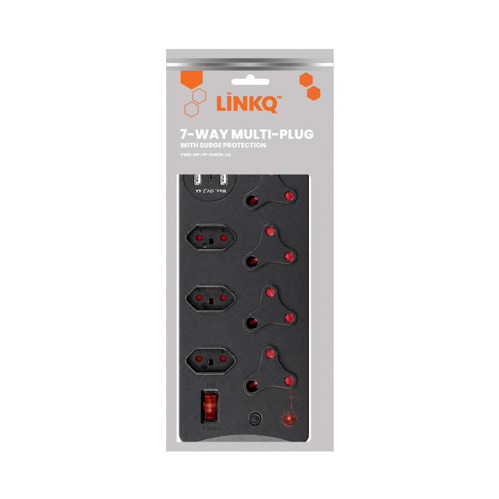 LINKQNET 7-PORT MULTIPLUG WITH SURGE PROTECTION AND USB CHARGING - BLACK