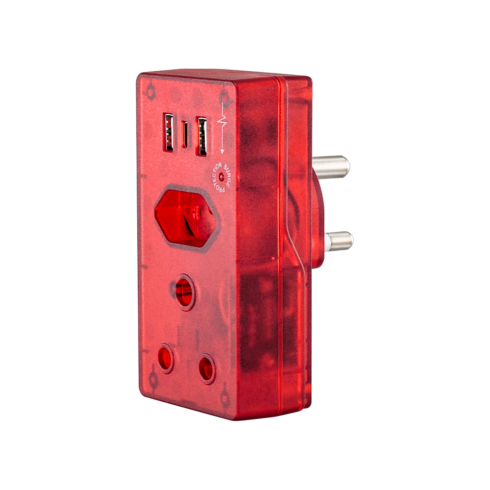 LINKQNET 2-PORT SURGE PROTECTION ADAPTER WITH USB CHARGING - TRANSPARENT RED