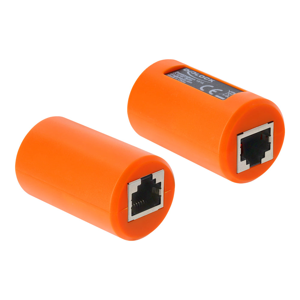 DELOCK 90988 CAT6A SHIELDED RJ45 FEMALE-TO-FEMALE COUPLER WITH SURGE PROTECTION - ORANGE