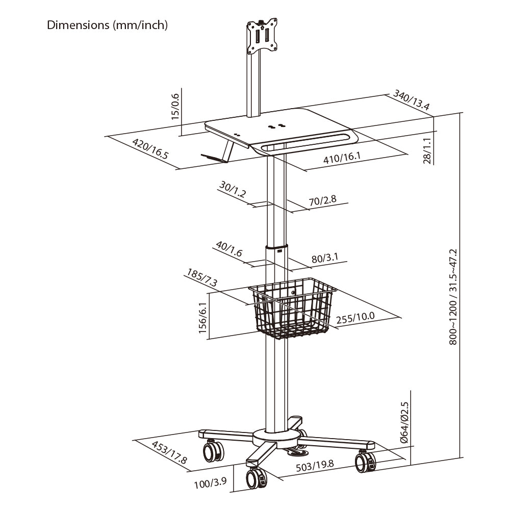 LINKQNET MED13-2 PNEUMATIC HEIGHT-ADJUSTABLE MEDICAL CART WITH 17-32" MONITOR MOUNT - image 5