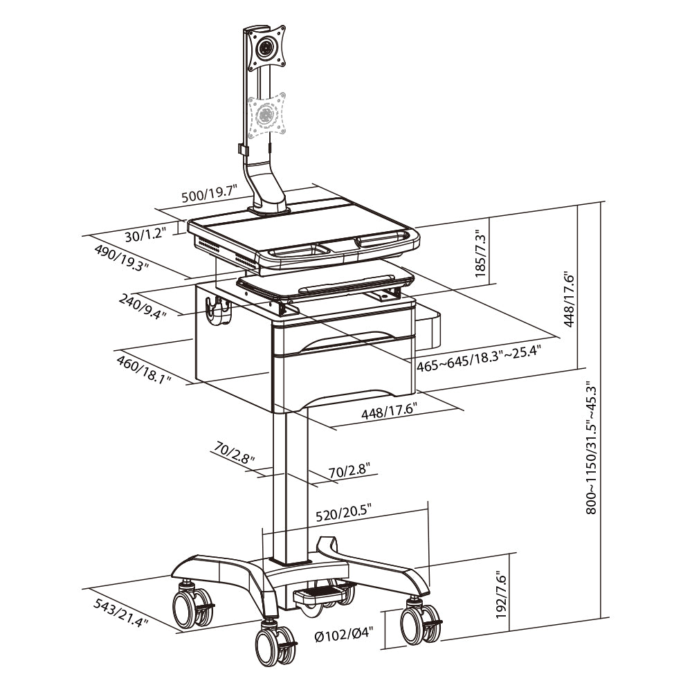 LINKQNET MED08-2 PNEUMATIC HEIGHT-ADJUSTABLE MEDICAL CART WITH 17-32" MONITOR ARM AND DRAWERS - image 5