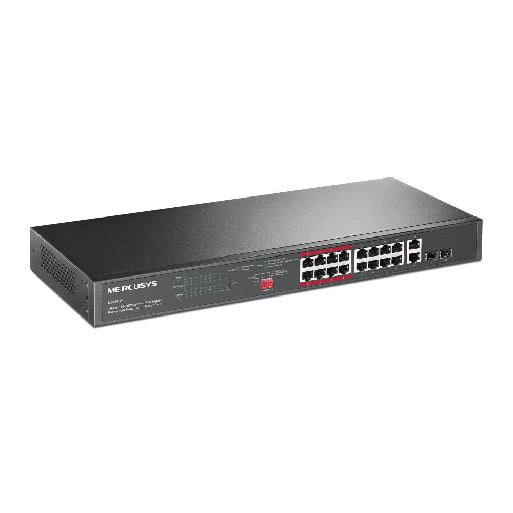 MERCUSYS MS118CP 16-PORT 10/100MBPS POE+ RACKMOUNT SWITCH WITH 2-PORT GIGABIT COMBO UPLINKS
