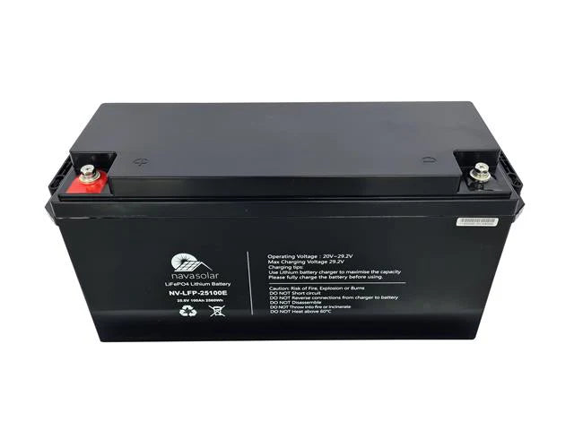 Navasolar Lithium Ion Rechargeable Battery (LiFePO4) 25.6V 100AH 256Wh, Charge/Voltage(V): 27.2~27.6V, Discharge Cut-Off Vltge:22.4V, Max Charge Curr:100A, STD Discharge Curr:100A, M8 TERMINAL, L483 x W170 x H240mm, IP65, 21kg