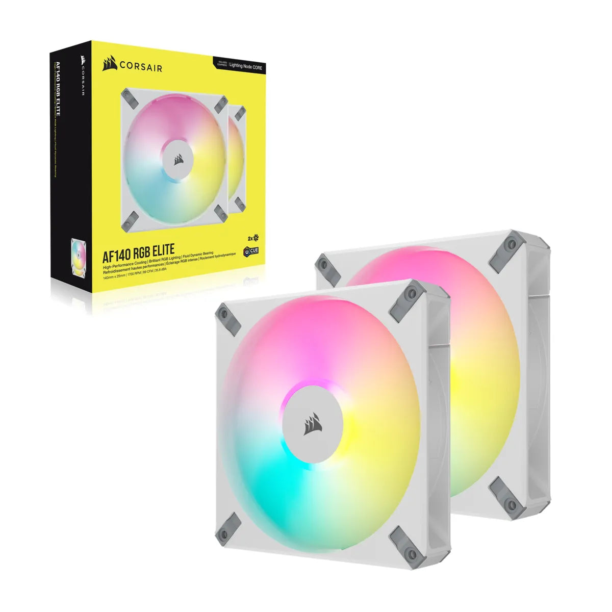 Corsair AF ELITE Series; AF140 RGB ELITE WHITE; 140mm Fluid Dynamic RGB Fan with AirGuide; Dual Pack with Lighting Node CORE - image 3