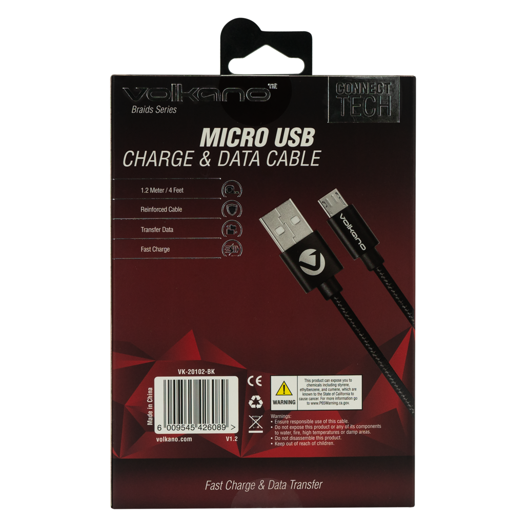 Volkano Braids Series Nylon-Braided Micro USB Cable 1.2m - Black