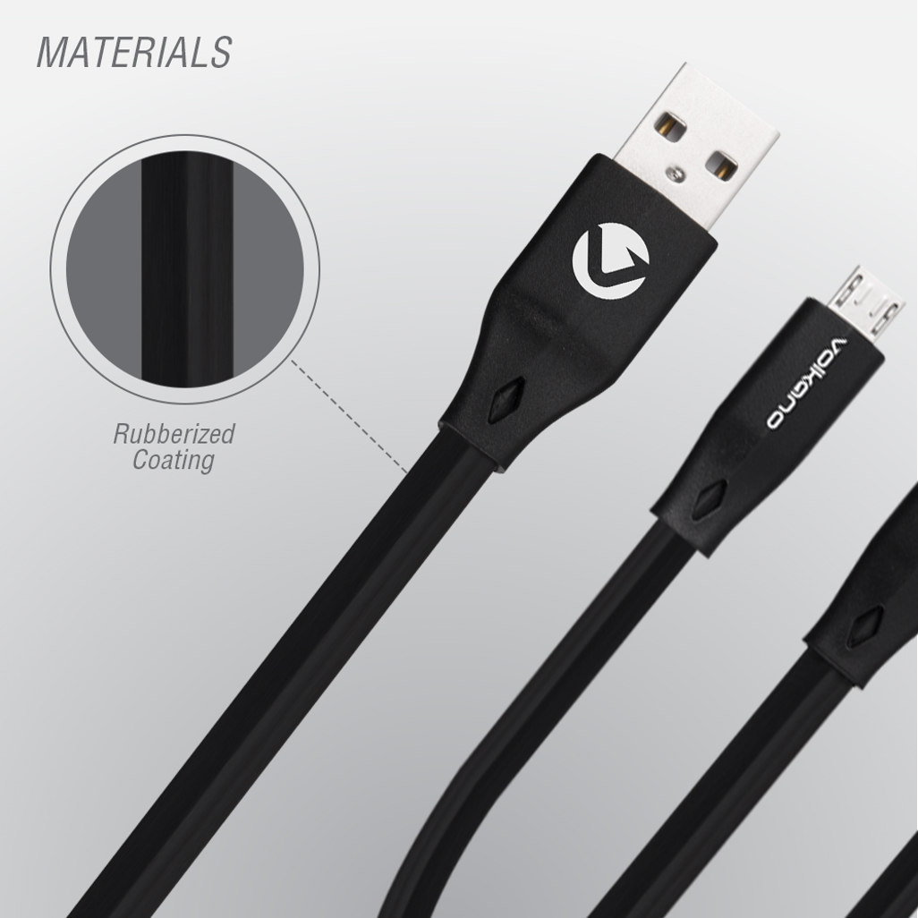 Volkano Slim Series Flat PVC 3-in-1 (Type-C / Lightning / Micro) Cable 1m - Black
