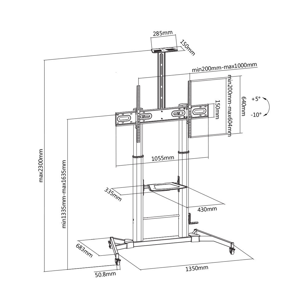 60 - 100 INCH LARGE SCREEN TELESCOPIC HEIGHT-ADJUSTABLE AV TROLLEY WITH CRANK HANDLE (TTL03H-610TW)