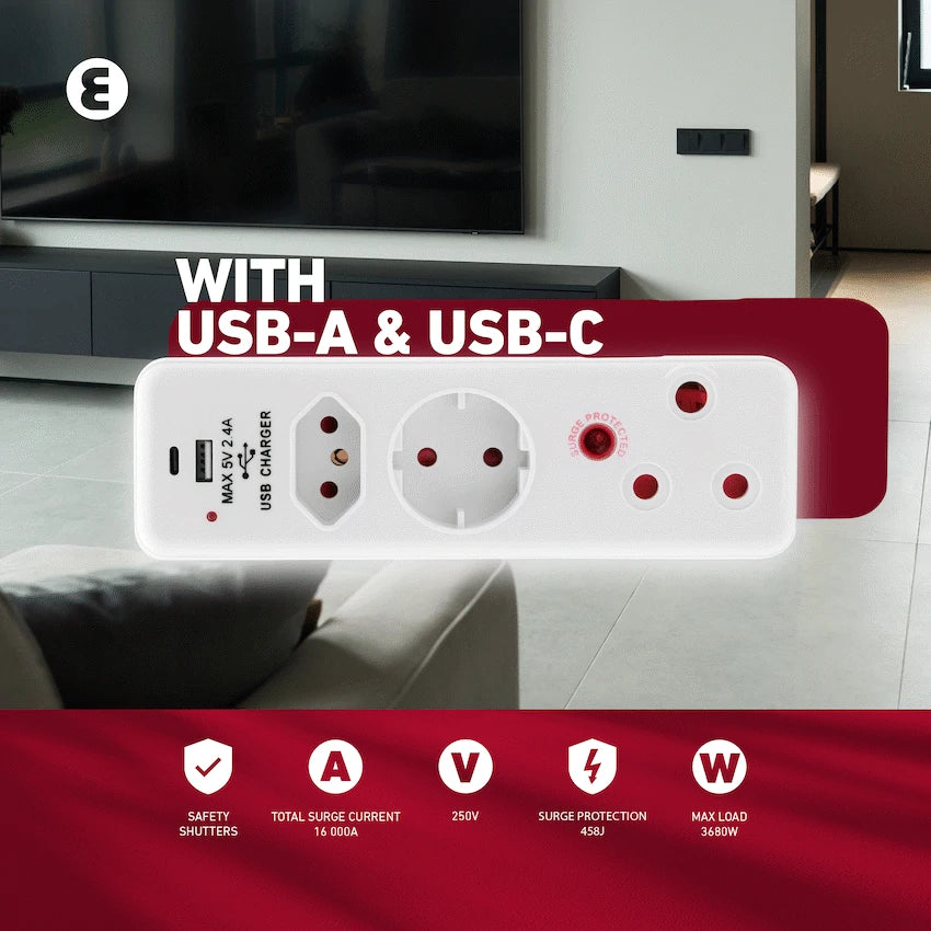 Ellies 3 Way Surge adaptor Schuko,with type C + USB - WT - image 12